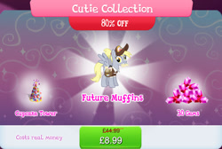 Size: 1268x852 | Tagged: safe, gameloft, derpy hooves, pegasus, pony, g4, my little pony: magic princess, official, the last problem, bag, bundle, clothes swap, costs real money, cupcake, cutie collection, english, envelope, female, food, gem, hat, letter, mailmare, mare, numbers, older, older derpy hooves, package, ponytail, sale, solo, spread wings, text, that one nameless background pony we all know and love, wings