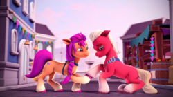 Size: 3840x2160 | Tagged: safe, artist:psfmer, sprout cloverleaf, sunny starscout, earth pony, pony, g5, my little pony: a maretime bay adventure, 3d, duo, duo male and female, female, high res, holding hoof, male, mare, maretime bay, scene interpretation, source filmmaker, stallion, unshorn fetlocks