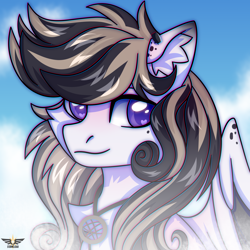 Size: 3000x3000 | Tagged: safe, artist:stesha, oc, oc only, oc:sketch, pegasus, pony, bust, chest fluff, cloud, commission, curly mane, ear fluff, ear piercing, earring, heart, heart eyes, high res, jewelry, looking away, male, multicolored mane, partially open wings, pegasus oc, pendant, piercing, portrait, purple eyes, sky, sky background, smiling, solo, stallion, two toned mane, wingding eyes, wings