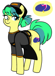 Size: 827x1128 | Tagged: safe, artist:/d/non, oc, oc only, oc:baja blaster, earth pony, pony, apron, blue hair, clothes, cutie mark, green hair, hat, looking sideways, pigtails, shirt, simple background, smiling, t-shirt, taco bell, white background, yellow fur