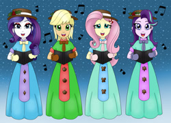 Size: 2736x1972 | Tagged: safe, artist:bageloftime, applejack, fluttershy, rarity, starlight glimmer, human, equestria girls, g4, candy, caroling, christmas, christmas 2022, clothes, cute, dress, female, food, gown, group, hat, holiday, holly, humanized, lidded eyes, long dress, long skirt, looking at you, mittens, music notes, open mouth, quartet, singing, skirt, snow