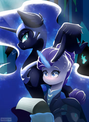 Size: 1280x1760 | Tagged: safe, artist:natanvok, nightmare moon, rarity, alicorn, pony, unicorn, g4, alternate hairstyle, alternate timeline, duo, feather fingers, magic, night maid rarity, nightmare takeover timeline, wing hands, wings