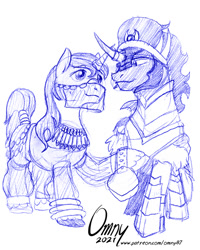 Size: 700x876 | Tagged: safe, artist:omny87, king sombra, shining armor, pony, unicorn, g4, 2021, alternate universe, clothes, gay, harem outfit, infidelity, jewelry, male, pencil drawing, see-through, ship:shiningsombra, shipping, sketch, slave, traditional art, veil