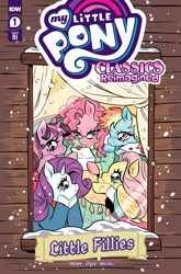 Size: 2063x3131 | Tagged: safe, artist:rose bousamra, idw, official comic, fluttershy, pinkie pie, rainbow dash, rarity, twilight sparkle, earth pony, pegasus, pony, unicorn, g4, my little pony classics reimagined: little fillies, official, background pony applejack, comic cover, glasses, happy, high res, letter, little women, my little pony logo, smiling, snow, snowfall