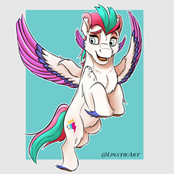Size: 2205x2205 | Tagged: safe, artist:linatikart, zipp storm, pegasus, pony, g5, female, flying, high res, mare, solo, spread wings, wings