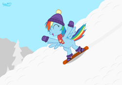 Size: 4478x3118 | Tagged: safe, artist:ironm17, rainbow dash, pegasus, pony, g4, bipedal, boots, clothes, eyes closed, female, hat, high res, mare, mittens, open mouth, scarf, shoes, smiling, snow, snowboard, solo