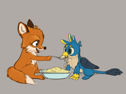 Size: 1341x1006 | Tagged: safe, artist:el-yeguero, gallus, fox, griffon, g4, plushie, simple background, spoon