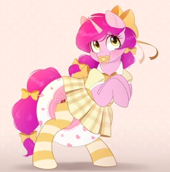 Size: 1285x1300 | Tagged: safe, artist:shuphle, oc, oc only, pony, bow, clothes, cute, diaper, diaper fetish, dress, female, fetish, hair bow, non-baby in diaper, pacifier, poofy diaper, socks, solo, striped socks