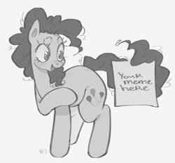 Size: 2912x2704 | Tagged: safe, artist:eunicidae, pinkie pie, earth pony, pony, g4, female, grayscale, high res, mare, monochrome, open mouth, open smile, pointing, prehensile tail, sign, simple background, smiling, solo, tail, white background