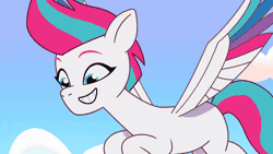 Size: 800x450 | Tagged: safe, screencap, zipp storm, pegasus, pony, g5, my little pony: tell your tale, take flight in the marestream, spoiler:g5, spoiler:my little pony: tell your tale, spoiler:tyts01e36, abstract background, animated, female, flying, gif, mare, motion lines, pinpoint eyes, reaction image, realization, solo, speed lines, surprised, surprised face, youtube link