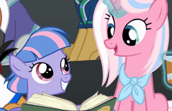 Size: 800x516 | Tagged: safe, screencap, clear sky, wind sprint, pegasus, pony, unicorn, common ground, g4, animated, book, cup, cute, duo, duo female, female, filly, foal, freckles, gif, head rub, looking at each other, looking at someone, magic, mare, mother and child, mother and daughter, smiling, sprintabetes, talking, telekinesis