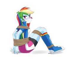 Size: 800x650 | Tagged: safe, artist:riouku, rainbow dash, human, equestria girls, g4, abuse, arm behind back, blushing, bondage, boots, bound and gagged, cloth gag, clothes, commission, compression shorts, damsel in distress, dashabuse, dashsub, female, femsub, gag, jacket, rainbond dash, rainbow socks, rope, rope bondage, shoes, simple background, skirt, socks, solo, striped socks, submissive, tied up, white background