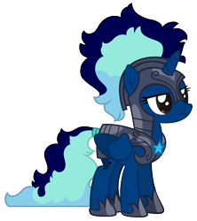 Size: 1200x1353 | Tagged: safe, artist:calibykitty, oc, oc only, oc:midnight specter, alicorn, pony, armor, armored pony, base used, blue mane, brown eyes, colored wings, female, folded wings, guardsmare, horn, lidded eyes, long hair, long tail, mare, mohawk, multicolored hair, multicolored wings, night guard, royal guard, simple background, solo, tail, transparent background, unamused, wings
