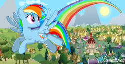 Size: 1980x1020 | Tagged: safe, artist:mlplary6, rainbow dash, pegasus, pony, g4, female, flying, mare, ponyville, rainbow, smiling