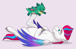 Size: 1111x719 | Tagged: safe, artist:bella-pink-savage, sparky sparkeroni, zipp storm, dragon, pegasus, pony, g5, colored wings, cute, daaaaaaaaaaaw, dragon wings, duo, duo male and female, eyebrows, eyes closed, female, folded wings, lying down, male, mare, multicolored wings, on back, shadow, simple background, smiling, spread wings, white background, wings