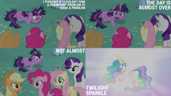 Size: 4400x2475 | Tagged: safe, edit, edited screencap, editor:quoterific, screencap, applejack, fluttershy, pinkie pie, princess celestia, rainbow dash, rarity, twilight sparkle, alicorn, earth pony, pegasus, pony, unicorn, g4, lesson zero, angry, celestia is not amused, disappointed, eyeshadow, female, floppy ears, frown, glowing, glowing horn, gritted teeth, horn, magic, makeup, mane six, mare, messy hair, messy mane, messy tail, open mouth, tail, teeth, twilight snapple, unamused, unicorn twilight