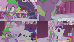 Size: 4400x2475 | Tagged: safe, edit, edited screencap, editor:quoterific, screencap, rarity, spike, dragon, pony, unicorn, g4, season 4, simple ways, carousel boutique, crying, cup, duo, female, makeup, male, mare, running makeup, teacup