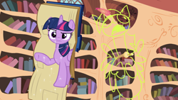 Size: 864x486 | Tagged: safe, edit, edited screencap, screencap, twilight sparkle, alicorn, pony, g4, testing testing 1-2-3, book, character swap, drawing, female, golden oaks library, i am not that tall, library, mare, role reversal, solo, twilight sparkle (alicorn)