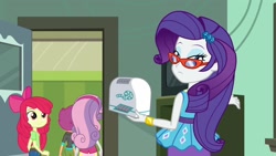 Size: 1920x1080 | Tagged: safe, screencap, apple bloom, rarity, scootaloo, sweetie belle, human, equestria girls, equestria girls series, g4, happily ever after party, cutie mark crusaders, glasses, happily ever after party: rarity, humanized, projector, rarity peplum dress, rarity's glasses, trio