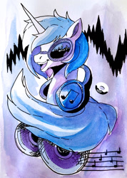 Size: 1134x1589 | Tagged: safe, artist:poxy_boxy, dj pon-3, vinyl scratch, pony, unicorn, g4, bust, commission, female, headphones, mare, music notes, open mouth, open smile, smiling, solo, traditional art, watercolor painting, watermark