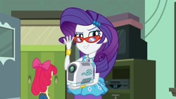 Size: 1920x1080 | Tagged: safe, screencap, apple bloom, rarity, human, equestria girls, g4, happily ever after party, happily ever after party: rarity, my little pony equestria girls: better together, glasses, humanized, projector, rarity peplum dress, rarity's glasses