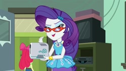 Size: 1920x1080 | Tagged: safe, screencap, apple bloom, rarity, human, equestria girls, g4, happily ever after party, happily ever after party: rarity, my little pony equestria girls: better together, glasses, humanized, projector, rarity peplum dress, rarity's glasses