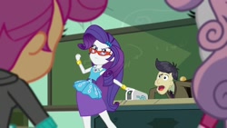 Size: 1920x1080 | Tagged: safe, screencap, cranky doodle donkey, rarity, scootaloo, sweetie belle, human, equestria girls, equestria girls series, g4, happily ever after party, glasses, happily ever after party: rarity, humanized, projector, rarity peplum dress, rarity's glasses