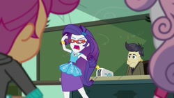 Size: 1920x1080 | Tagged: safe, screencap, cranky doodle donkey, rarity, scootaloo, sweetie belle, human, equestria girls, g4, happily ever after party, happily ever after party: rarity, my little pony equestria girls: better together, glasses, humanized, projector, rarity peplum dress, rarity's glasses