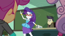 Size: 1920x1080 | Tagged: safe, screencap, cranky doodle donkey, rarity, scootaloo, sweetie belle, human, equestria girls, g4, happily ever after party, happily ever after party: rarity, my little pony equestria girls: better together, glasses, projector, rarity peplum dress, rarity's glasses