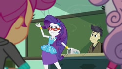 Size: 1920x1080 | Tagged: safe, screencap, cranky doodle donkey, rarity, scootaloo, sweetie belle, human, equestria girls, g4, happily ever after party, happily ever after party: rarity, my little pony equestria girls: better together, glasses, humanized, projector, rarity peplum dress, rarity's glasses