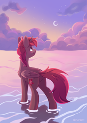 Size: 1240x1754 | Tagged: safe, artist:skysorbett, oc, oc only, oc:hardy, alicorn, pony, alicorn oc, cloud, commission, crescent moon, full body, horn, male, moon, rear view, sky, solo, stallion, wings, ych result