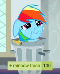 Size: 690x848 | Tagged: safe, edit, edited screencap, screencap, rainbow dash, pegasus, pony, derpibooru, g4, parental glideance, 1000 hours in ms paint, abuse, background pony strikes again, crying, dashabuse, ears back, faic, female, floppy ears, go to sleep wind rider, lip bite, mare, meta, milestone, op is a duck, op is trying to start shit, poor rainbow dash, rainbow trash, sad, school of friendship, solo, tags, trash, trash can, wavy mouth
