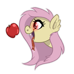 Size: 3000x3000 | Tagged: safe, artist:ponykittenboi, fluttershy, bat pony, pony, g4, advertisement, apple, bat ponified, drool, fangs, flutterbat, food, glowing, glowing eyes, high res, hungry, open mouth, race swap, red eyes, redbubble, simple background, solo, sticker, tongue out, transparent background