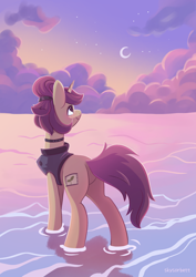 Size: 1240x1754 | Tagged: safe, artist:skysorbett, oc, oc only, oc:lavrushka, pony, unicorn, cloud, commission, crescent moon, female, mare, moon, rear view, sky, solo, ych result