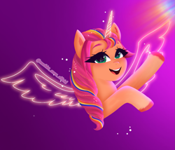 Size: 1443x1237 | Tagged: safe, artist:marihht, sunny starscout, alicorn, pony, g5, cute, female, mane stripe sunny, mare, open mouth, purple background, race swap, simple background, solo, sunnybetes, sunnycorn, unshorn fetlocks