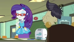 Size: 1920x1080 | Tagged: safe, screencap, cranky doodle donkey, rarity, human, equestria girls, g4, happily ever after party, happily ever after party: rarity, my little pony equestria girls: better together, glasses, humanized, projector, rarity peplum dress, rarity's glasses