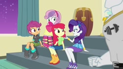 Size: 1920x1080 | Tagged: safe, screencap, apple bloom, bulk biceps, rarity, scootaloo, sweetie belle, human, equestria girls, g4, happily ever after party, happily ever after party: rarity, my little pony equestria girls: better together, boots, clothes, cutie mark crusaders, denim, female, hoodie, humanized, jeans, pants, rarity peplum dress, shirt, shoes, shorts, siblings, sisters, skirt