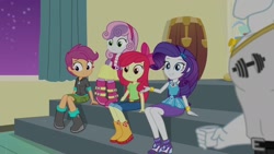 Size: 1920x1080 | Tagged: safe, screencap, apple bloom, bulk biceps, rarity, scootaloo, sweetie belle, human, equestria girls, g4, happily ever after party, happily ever after party: rarity, my little pony equestria girls: better together, boots, clothes, cutie mark crusaders, hoodie, humanized, rarity peplum dress, shirt, shoes, shorts, skirt