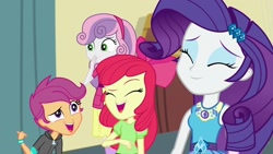 Size: 1920x1080 | Tagged: safe, screencap, apple bloom, rarity, scootaloo, sweetie belle, human, equestria girls, g4, happily ever after party, happily ever after party: rarity, my little pony equestria girls: better together, cutie mark crusaders, female, humanized, rarity peplum dress, siblings, sisters