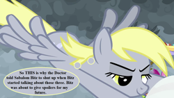 Size: 1280x720 | Tagged: safe, edit, edited screencap, editor:korora, screencap, derpy hooves, g4, the ending of the end, doctor who, epic derpy, implied doctor whooves, text, thought bubble