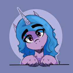 Size: 770x770 | Tagged: safe, artist:rookiecookie, izzy moonbow, pony, unicorn, g5, my little pony: a new generation, blue hair, bust, female, head tilt, looking at you, mare, portrait, simple background, solo, unshorn fetlocks