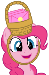 Size: 1569x2406 | Tagged: safe, artist:sketchmcreations, pinkie pie, earth pony, pony, g4, party of one, season 1, basket, envelope, female, invitation, mare, open mouth, open smile, simple background, smiling, solo, transparent background, vector