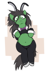 Size: 520x813 | Tagged: safe, artist:jargon scott, oc, oc only, oc:anon-mare, earth pony, pony, :<, belly, belly button, bowtie, bunny suit, clothes, fat, female, fetish, looking at you, mare, reverse bunny suit, simple background, solo, white background