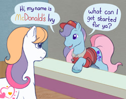 Size: 1439x1134 | Tagged: safe, artist:horse-time-babey, ivy, light heart, earth pony, pony, g2, clothes, counter, hat, looking at each other, looking at someone, mcdonald's, mcdonald's ivy, open mouth, open smile, rear view, smiling, uniform