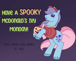 Size: 2048x1655 | Tagged: safe, artist:horse-time-babey, ivy, earth pony, pony, g2, card, clothes, female, gradient background, greeting card, halloween, holiday, mare, mcdonald's, mcdonald's ivy, rearing, shirt, solo, text, visor