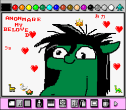 Size: 504x440 | Tagged: safe, artist:jargon scott, oc, oc only, oc:anon-mare, earth pony, pony, female, floating heart, heart, mare, mario paint, pixel art, solo, text