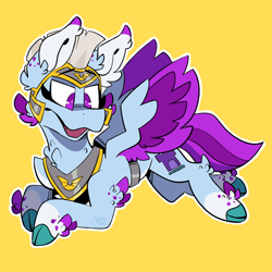 Size: 2000x2000 | Tagged: safe, artist:caprania, zoom zephyrwing, pegasus, pony, g5, armor, breastplate, female, guardsmare, helmet, high res, mare, open mouth, pegasus royal guard, royal guard, royal guard armor, simple background, solo, spread wings, wings, yellow background