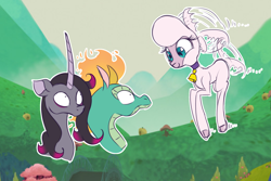 Size: 1800x1200 | Tagged: safe, artist:thescornfulreptilian, oleander (tfh), pom (tfh), tianhuo (tfh), classical unicorn, dragon, hybrid, longma, pony, sheep, unicorn, them's fightin' herds, cloven hooves, community related, horn, tail, tailcopter, unshorn fetlocks