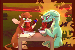 Size: 1800x1200 | Tagged: safe, artist:thescornfulreptilian, arizona (tfh), tianhuo (tfh), cow, dragon, hybrid, longma, them's fightin' herds, bandana, bowl, cloven hooves, community related, crying, duo, eating, female, fire, food, hoof hold, hot sauce, noodles, snot, spicy, spicy noodle challenge, sweat, this will end in diarrhea, this will end in pain
