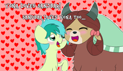 Size: 1735x1000 | Tagged: safe, artist:girlduog, sandbar, yona, earth pony, pony, yak, g4, blushing, dialogue, duo, duo male and female, eyes closed, female, heart, heart background, male, male and female, monkey swings, open mouth, outline, raised hoof, ship:yonabar, shipping, straight, white outline